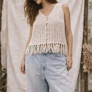 Jacquie the label cream crocheted knit fringe vest